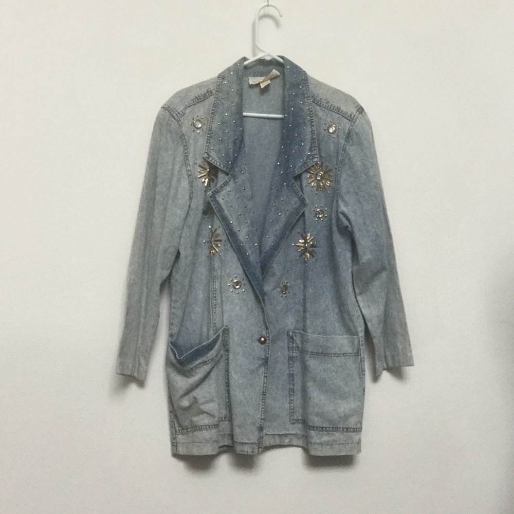 Monique Fashions Vintage Gold Celestial Jeweled Denim Blazer Size 11/12